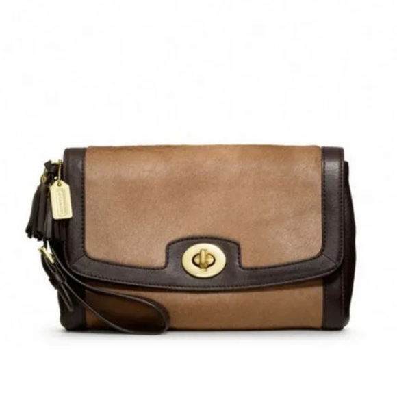 NWT Coach Legacy Haircalf Large Flap Clutch in brass camel - Picture 1 of 10